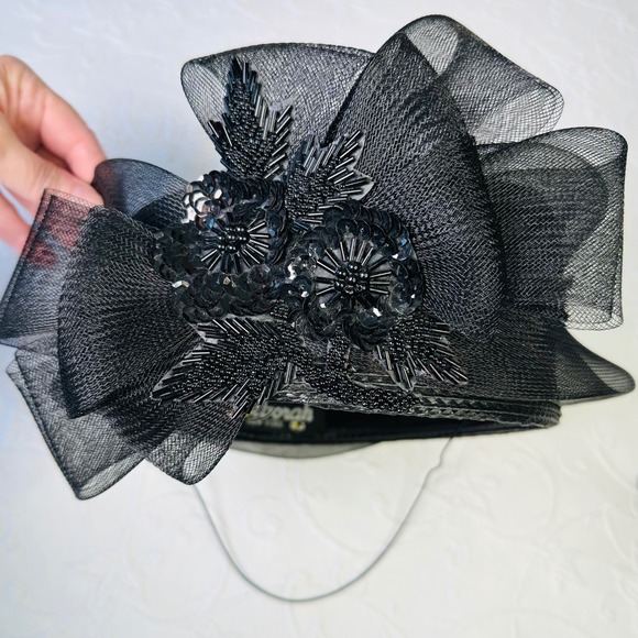 Vintage 50s Deborah New York Womens Black Mesh Pillbox Hat Sequin Church Derby - Picture 6 of 9